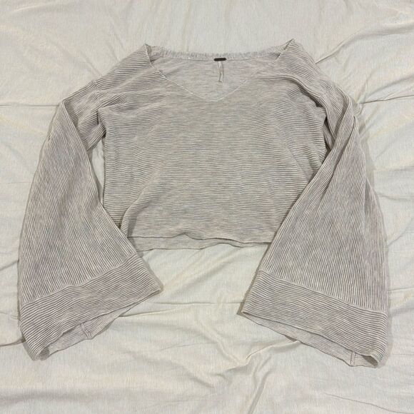 Free People Bell-Ribbed Deep V-Neck Sweater – Beige, Size L - Picture 1 of 2